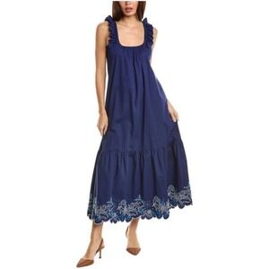 Johnny Was Yoko Eyelet Maxi Womens Dress Large Blue Cotton Embroidered $255